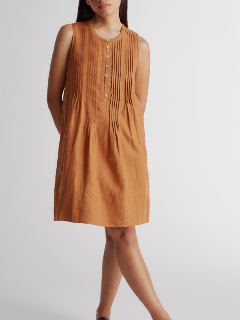 Quince 100% Linen Sleeveless Pintuck Button-Front Mini Dress in Rust Orange